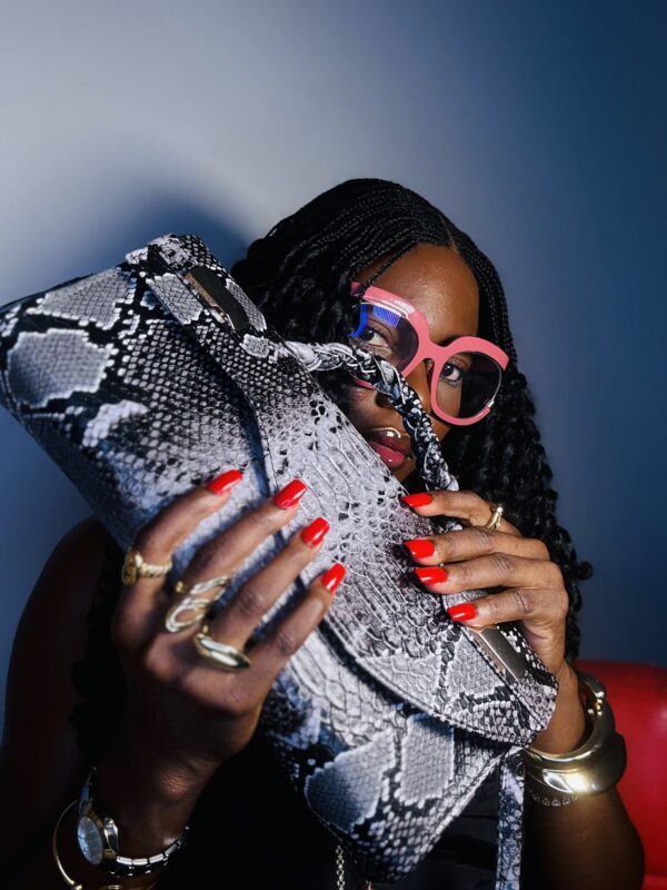 Handmade snake skin grey leather curved flap bag